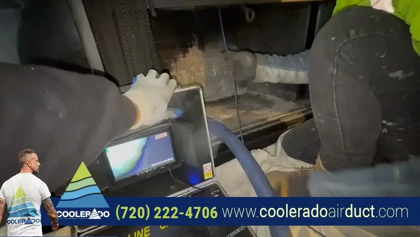 Technician working at a fireplace beside camera inspection equipment